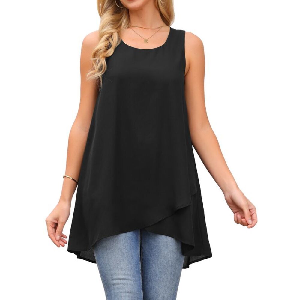 Women's High Low Top Sleeveless Chiffon Blouse Crewneck Summer Tops Black